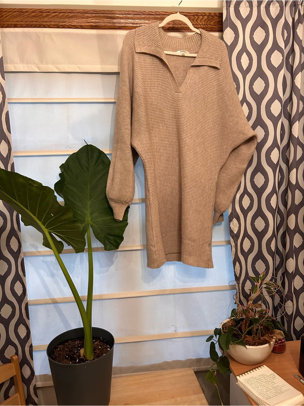 Rib-Knit Collar Sweater Dress - Taupe